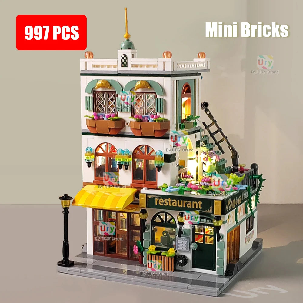 City Street View Modular Chinese Restaurant Retro Flower House with LED Light MOC Architecture Building Block Sets Toys for Kids