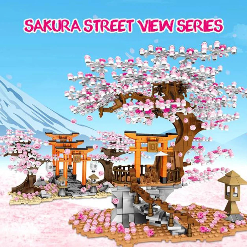 Japan Sakura Street View Building Block Japanese Cherry Scenery Senbon Torii Model City Streetscape Brick Toys With Led Light - CADA BRICKS®