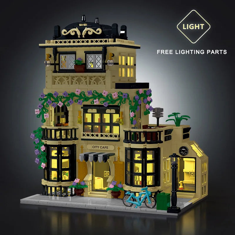 1443-1489 stuks Creatieve Stad Café Licht Straatgezicht Bouwstenen Blokken Model Sets MOC Modulaire Architectuur Jongens Speelgoed Kinderen Cadeaus