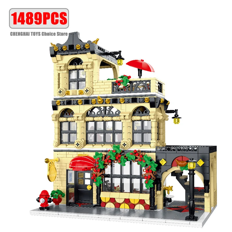 1443-1489 stuks Creatieve Stad Café Licht Straatgezicht Bouwstenen Blokken Model Sets MOC Modulaire Architectuur Jongens Speelgoed Kinderen Cadeaus