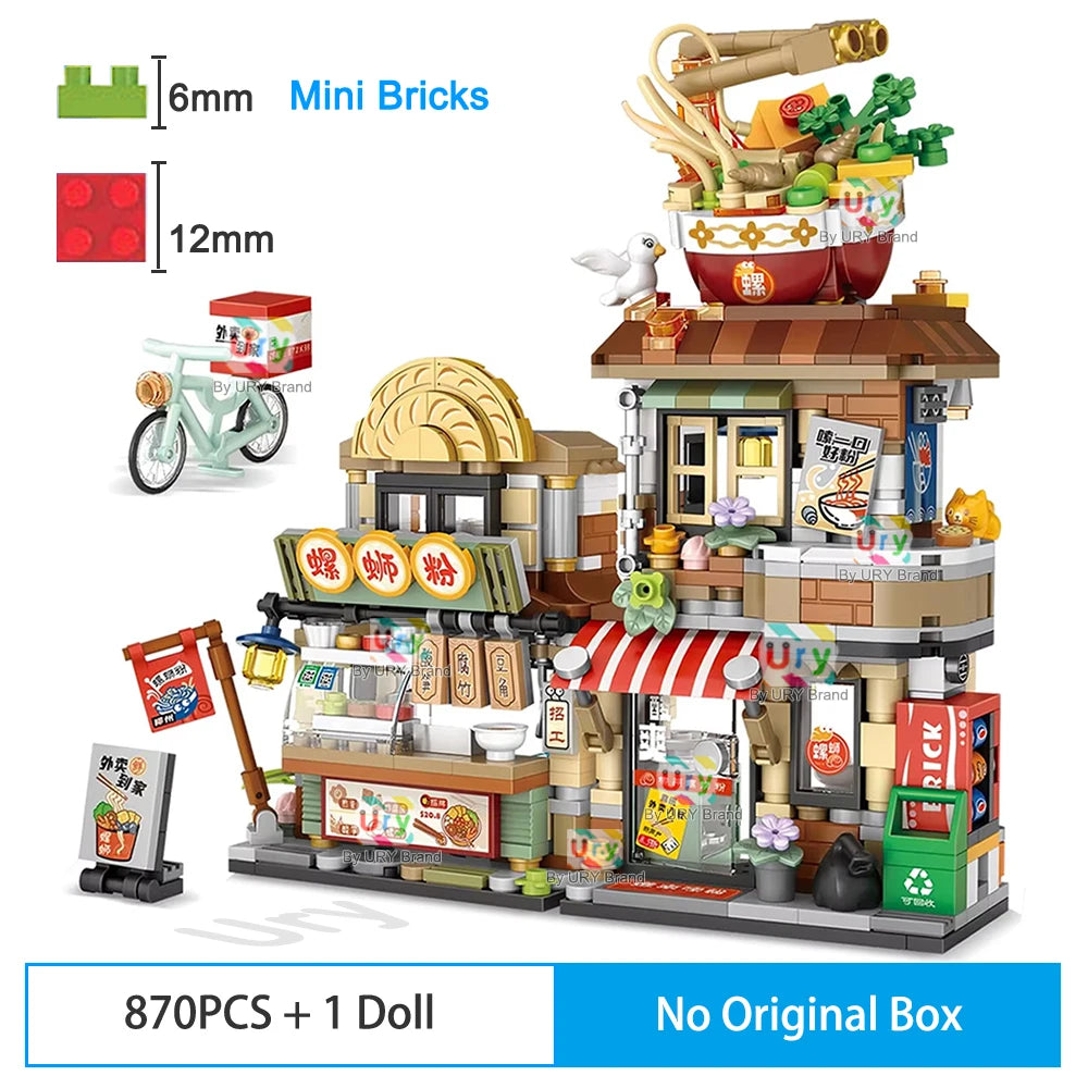 Mini City Japanese Street View Modular Villa Retro Noodle Shop Store Friends House MOC Architecture Building Blocks Set for Kids