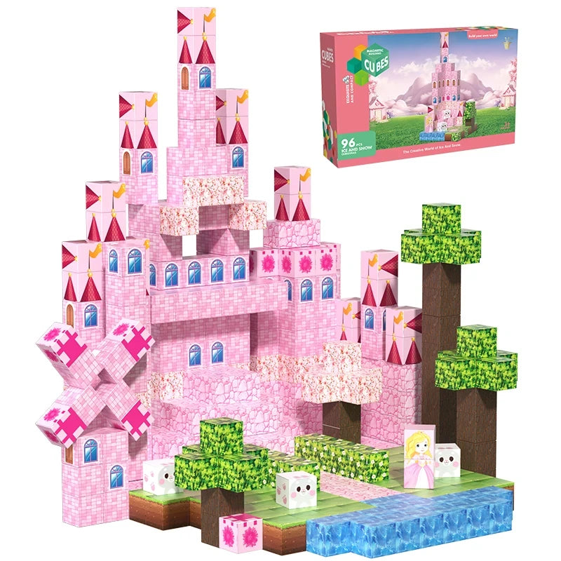 Pink castle magnetic building block set, suitable for boys and girls over 3 years old DIY to improve hand skills and creativity