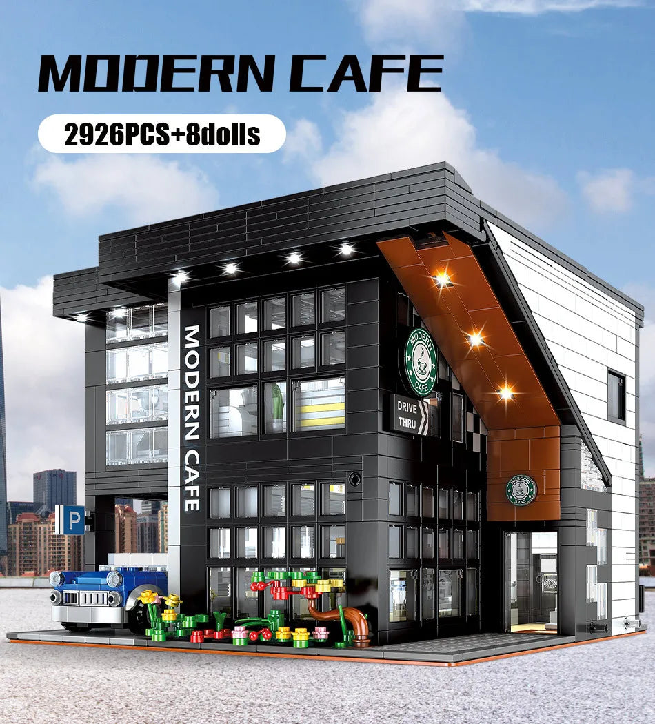 City Architecture Street View Cafe Construction Set Moc Bricks DIY Building Blocks Assembled Toys Gifts Modern Coffee Shop Model