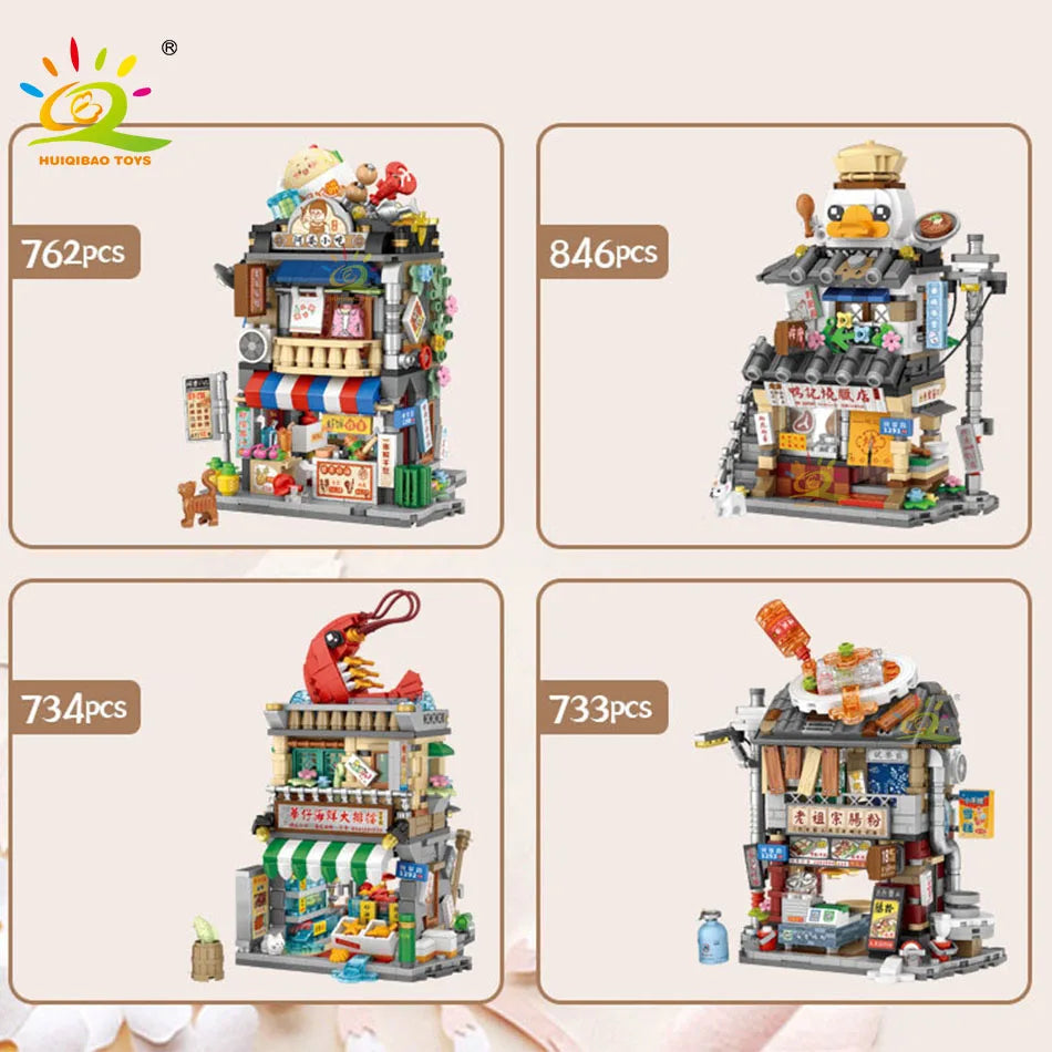 HUIQIBAO City Mini Chinese Street View Gourmet Shop Micro Building Blocks Set Seafood Restaurant DIY Bricks Toys For Children