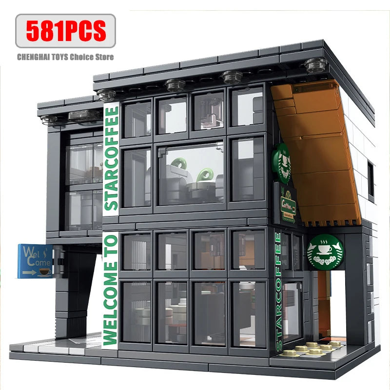 581Pcs City Star Coffee House With Lights Building Blocks Street View Architecture Cafe Shop MOC Bricks Toys Kids Christmas Gift