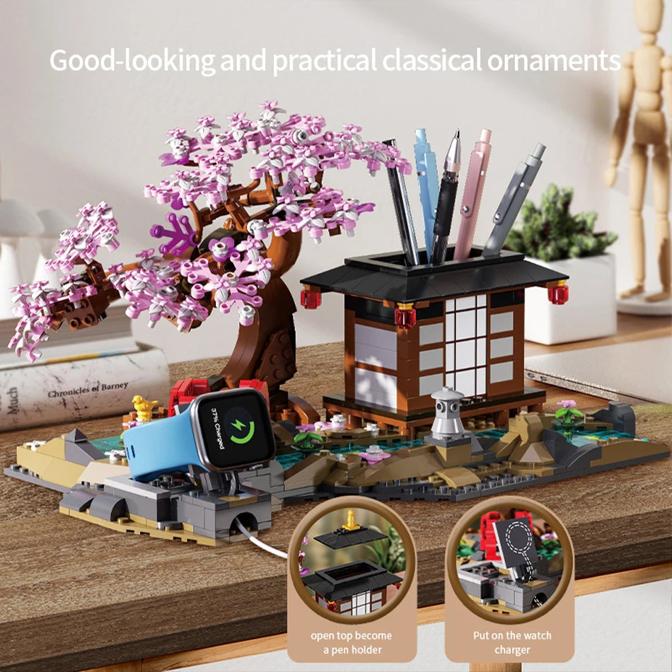 MOC Cherry Blossom Zen Garden Building Blocks Japan Architecture Sakura Tree House Street View Construction Bricks Toys Kid Gift