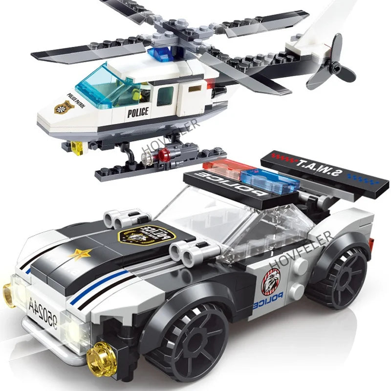 Super Police City Plane Dual-Rotor Helicopter Famous Car SWAT Building Blocks DIY MOC Classic Model Bricks for Children Kits