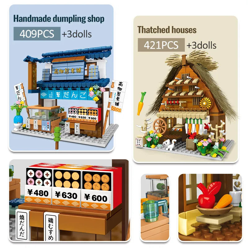 Classic Japan City Street View Build Block Japanese Pastry Vegetable Shop Fabric Bleaching Dyeing Convenience Store Bricks Toy