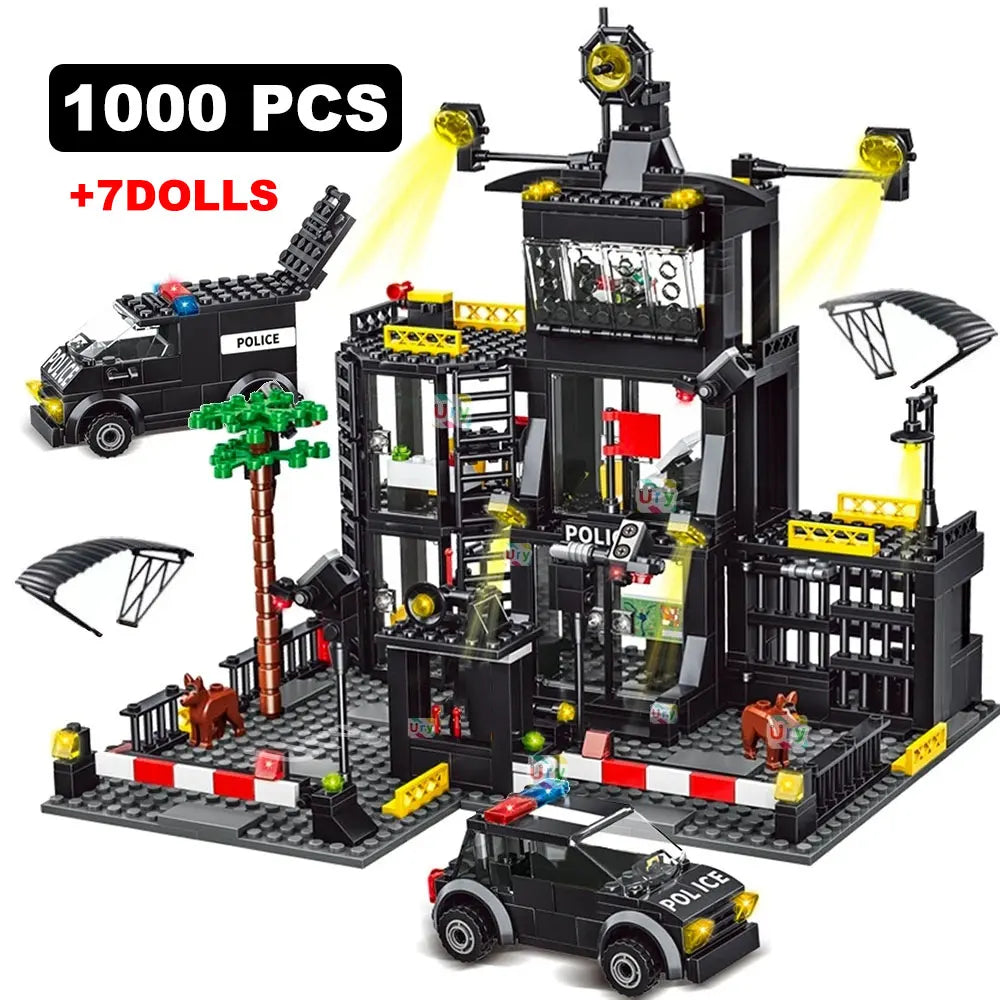 SWAT politistasjon militærby modellsett fengselsbil politimann båt figurer modell byggeklosser DIY-leketøy for barn gutter gave