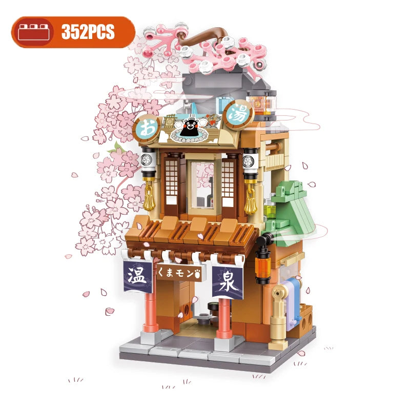 Mini City Street View Noodle Shop Building Blocks 4 in 1 Japanese Architecture Hot Spring House Toy Bricks Friends Children Gift