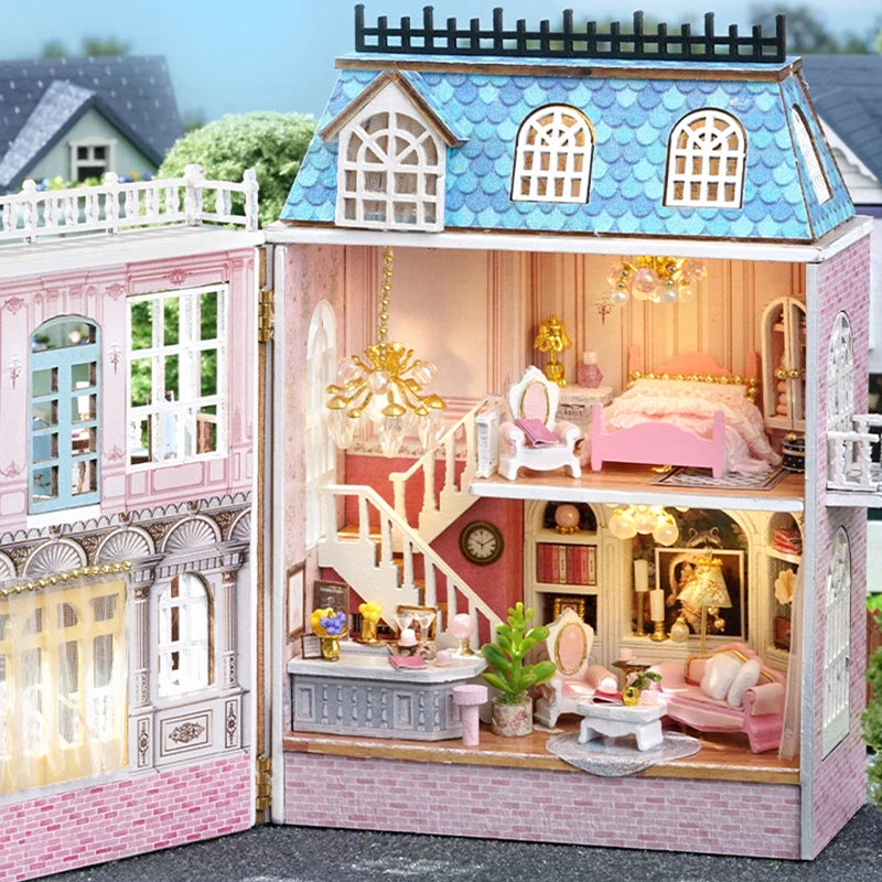 Diy Mini Wooden Dollhouse With Furniture Light Doll House Casa Assembly Model Pink Princess Villa Architecture Kit Toys Birthday