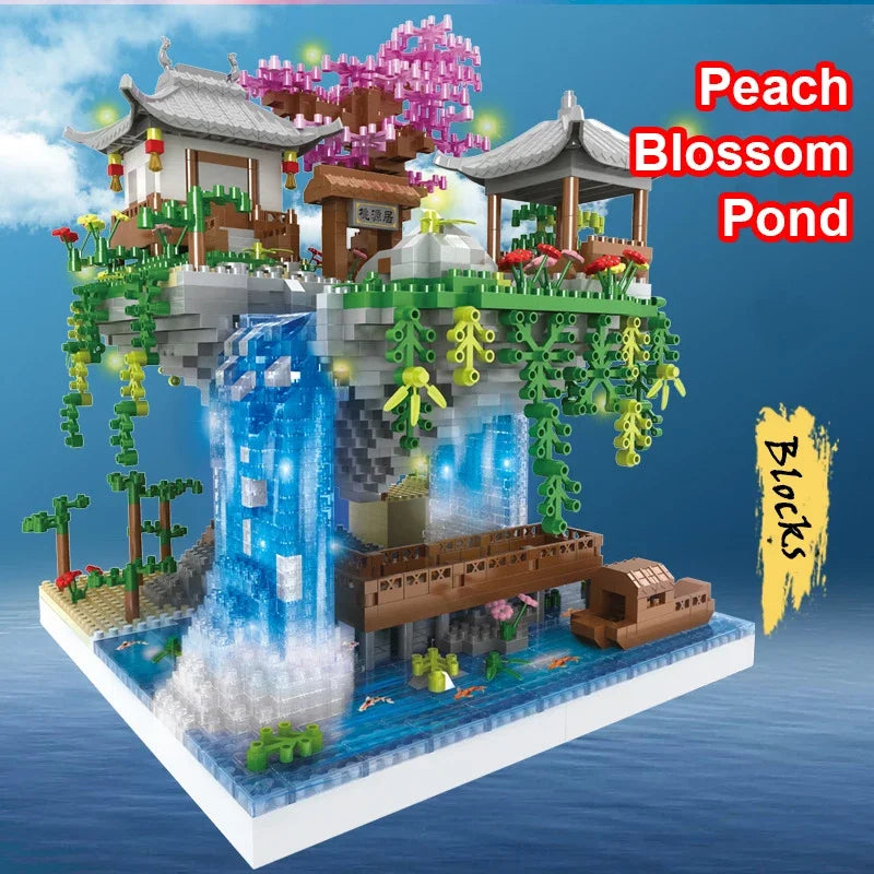 3320 Pcs Tree House Mini Diamond Block Particle Peach Blossom Pool Traditional With Light Chinese Architecture Building Blocks
