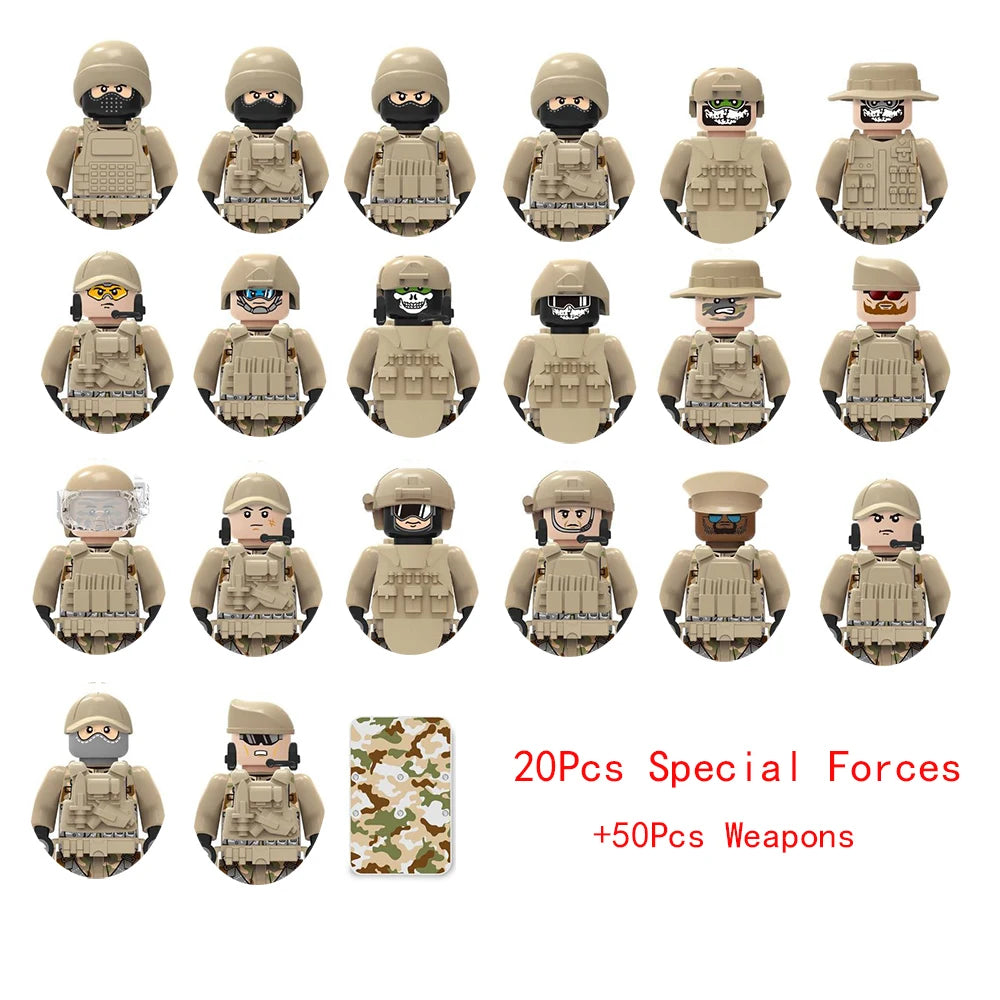 Military Special Forces Police SWAT Gangster Weapons Guns Mortar Jeeps Off-Road Armored Vehicle Model Soldier Building Block Toy