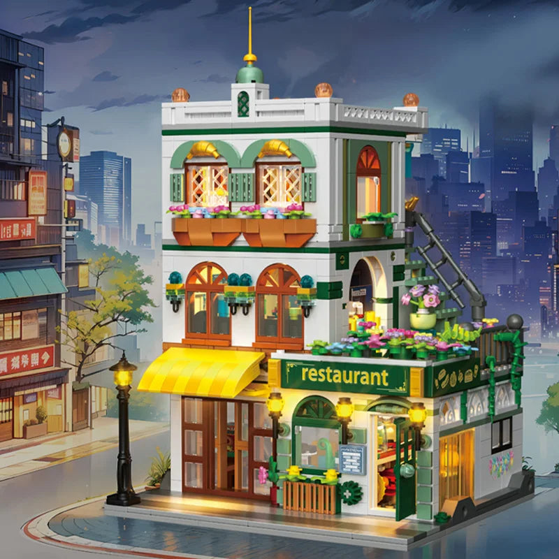 Creative 997Pcs Street View Chinese Restaurant Model Building Blocks City Three Floor Architecture Mini Bricks Toys For Kid Gift
