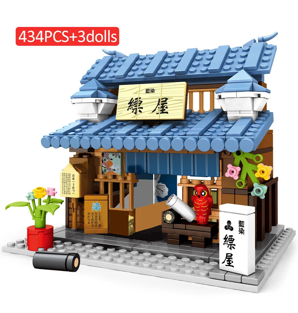 Classic Japan City Street View Build Block Japanese Pastry Vegetable Shop Fabric Bleaching Dyeing Convenience Store Bricks Toy