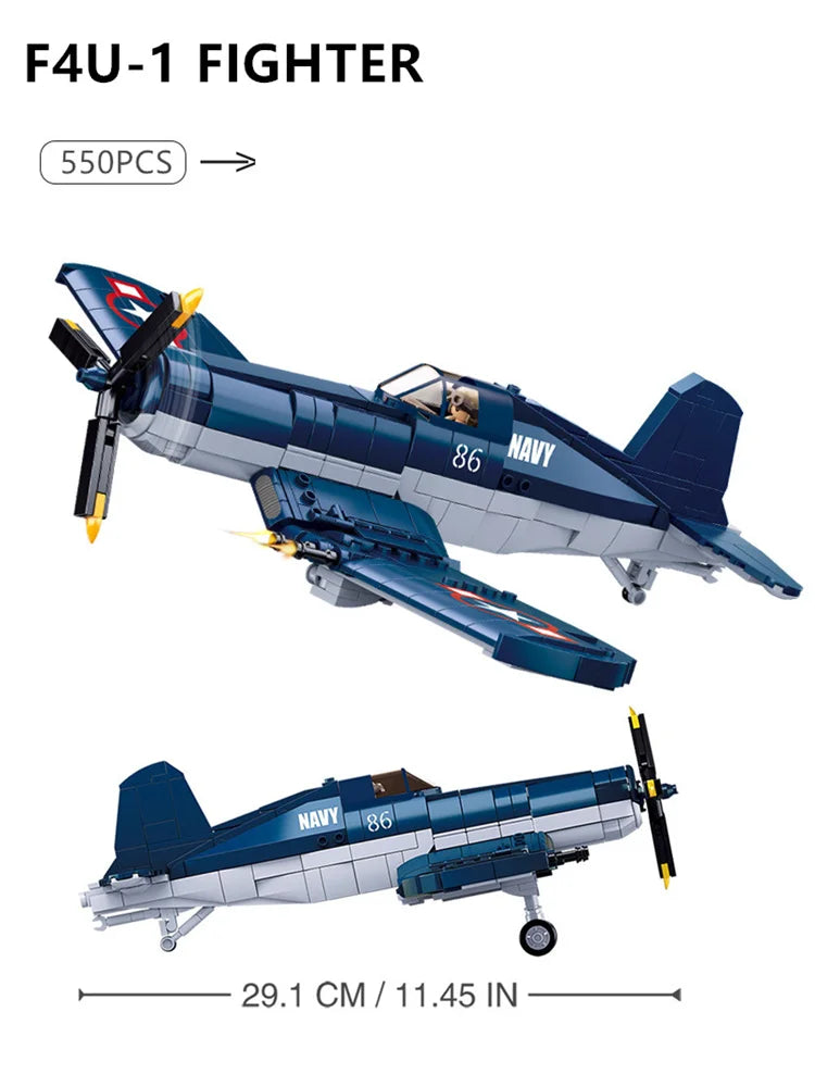 550PCS WW2 Pacific Storm Military Weapon F4U-1 Pirate Fighter Building Blocks Air Force Model Bricks Plane Soldier Toys For Kids