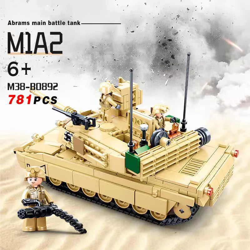 SLUBAN World War II 2 Military USA Abrams M1A2 Battle Tank Chariot Building Blocks Army Classic Accessories Model Kids Gift Toys