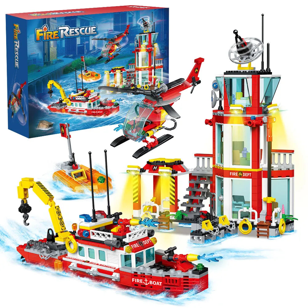 City Oceans Fire Station Blocks Compatible with leg0 Fire Station Set with Fire Station,Fire Helicopter,Fire Ship,Rescue Boat
