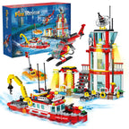 City Oceans Fire Station Blocks Compatible with leg0 Fire Station Set with Fire Station,Fire Helicopter,Fire Ship,Rescue Boat