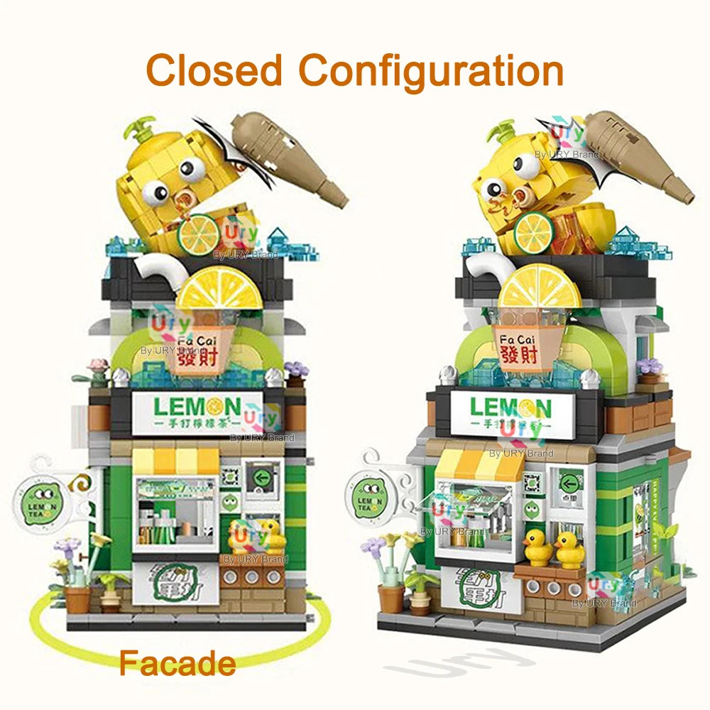 Mini City Japanese Street View Modular Villa Retro Lemon Tea Shop Store Friends House MOC Architectur Building Block Set for Kid