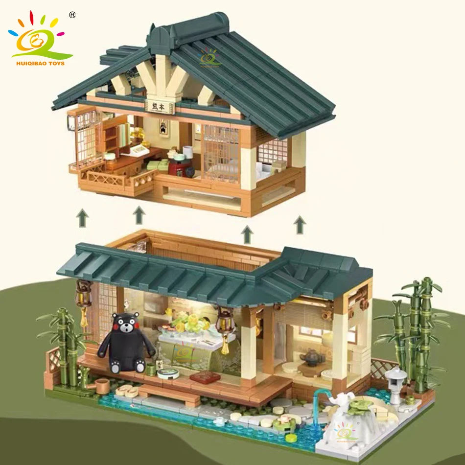 HUIQIBAO 1099PCS City Japanese Street View House Tatami Room Model Building Blocks DIY Architecture Bricks Toys for Children