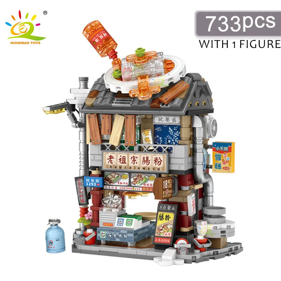 HUIQIBAO City Mini Chinese Street View Gourmet Shop Micro Building Blocks Set Seafood Restaurant DIY Bricks Toys For Children