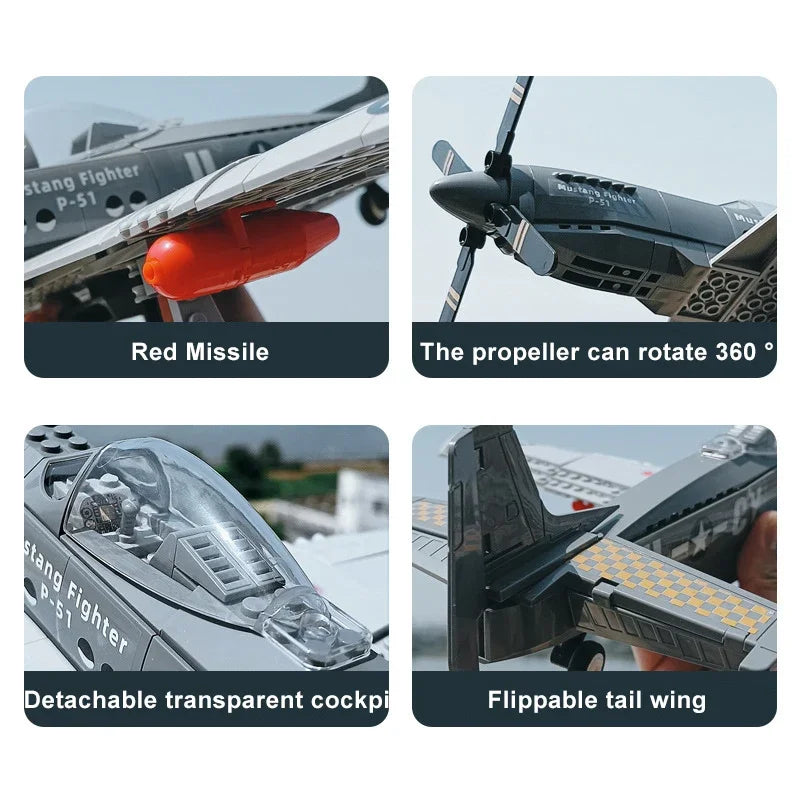 Military USA P-51 Mustang Fighter Jets Model Building Blocks Technical Aircraft Airplane MOC Weapons Bricks Toys for Adult Gifts