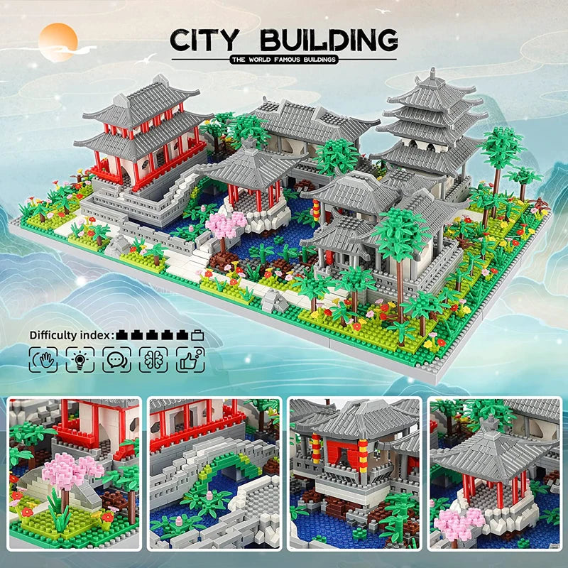 Lezi Architecture Ancient Pavilion Temple Tower Lake Garden Gate LED Light Model Mini Diamond Blocks Bricks Building Toy no Box
