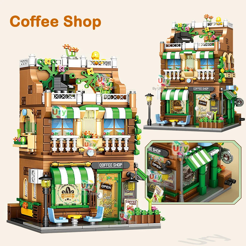 City Street View Modular Mall Supermarket Hotel Burger Coffee Shop Retro Flower House MOC Architecture Building Blocks for Kids