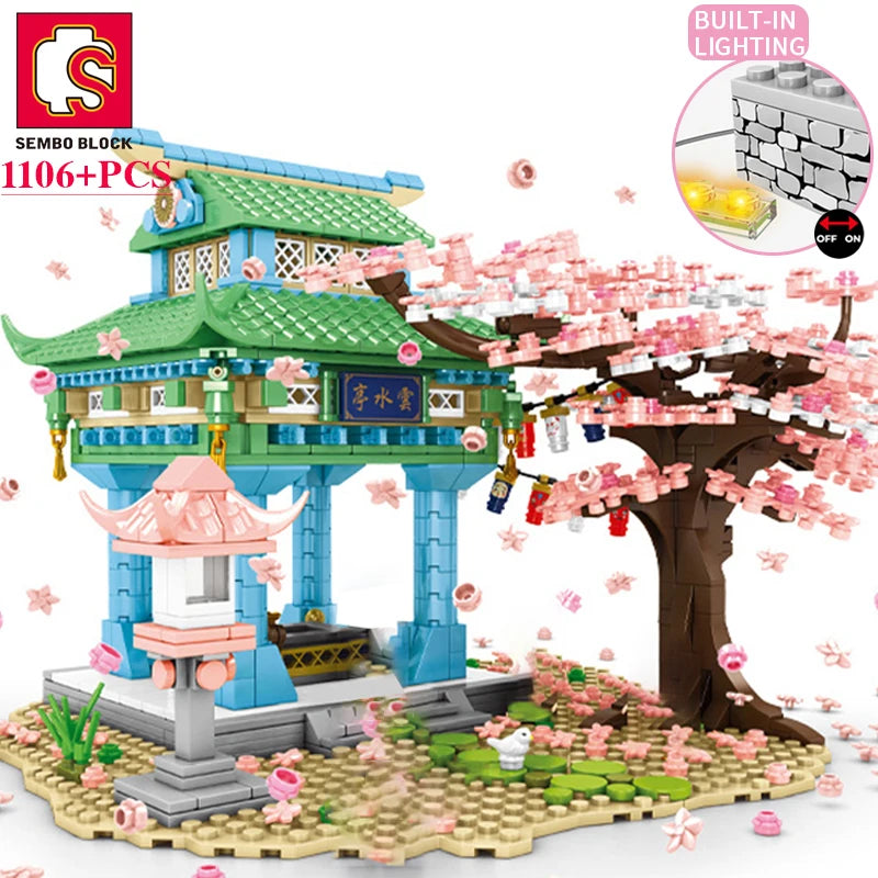 SEMBO BLOCK Sakura Gateutsikt Klossby Kirsebærblomst Japansk Sakura-tre DIY Hus Mini Modellbygging Barneleker