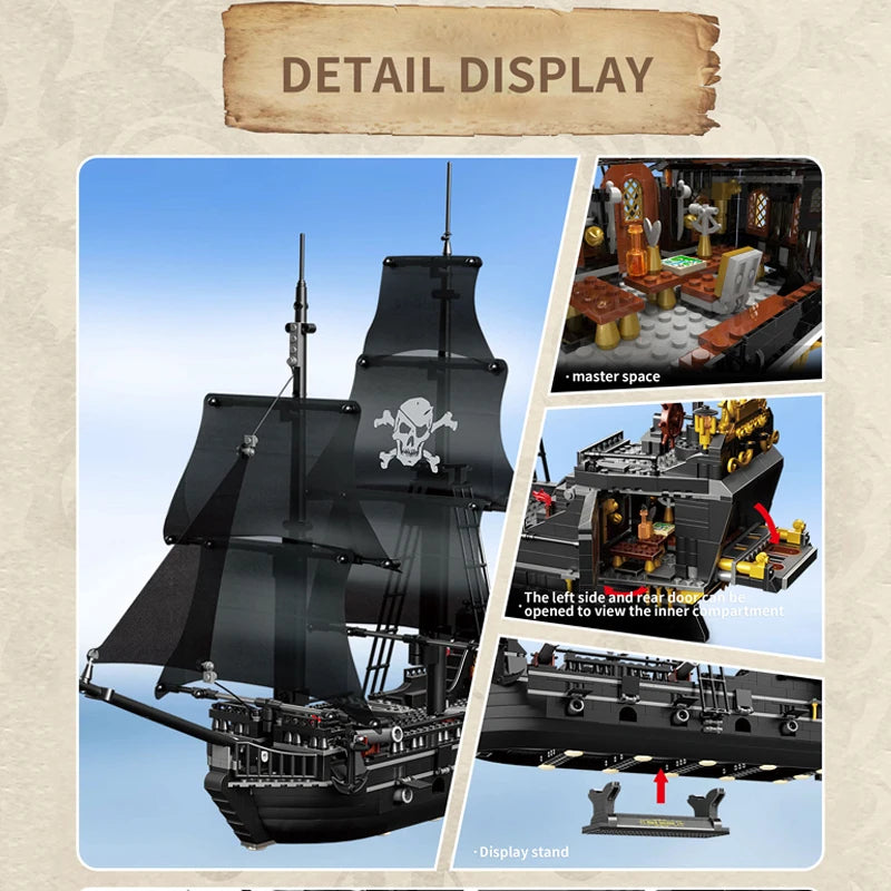 1424PCS Black Pirate Ship Building Blocks Skeleton Ghost Boat Model Assembly Bricks Toys Desktop Decoration Kids Holiday Gifts