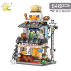 HUIQIBAO City Mini Chinese Street View Gourmet Shop Micro Building Blocks Set Seafood Restaurant DIY Bricks Toys For Children