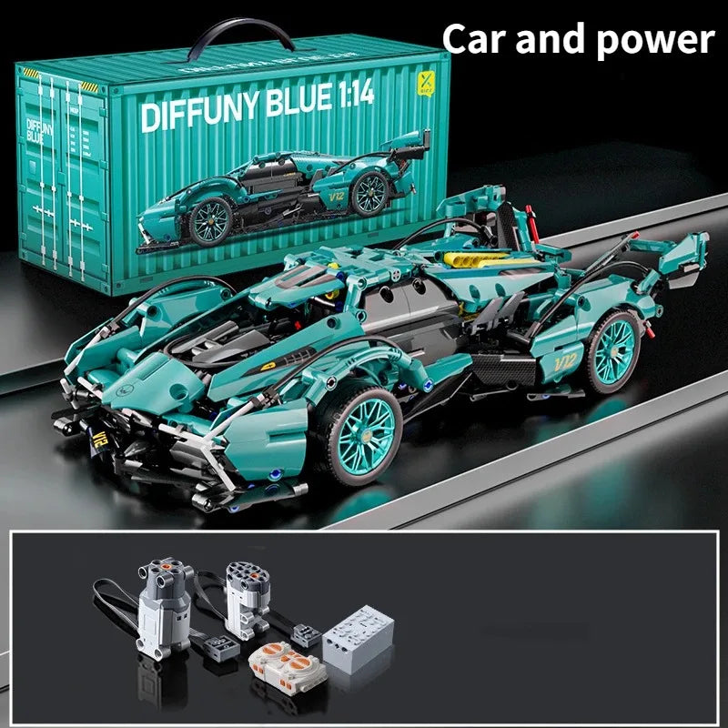 Blue V12 Block Roadster RC Tech Racing 1:14DIY Roadster building block assembly Block car toy birthday gift