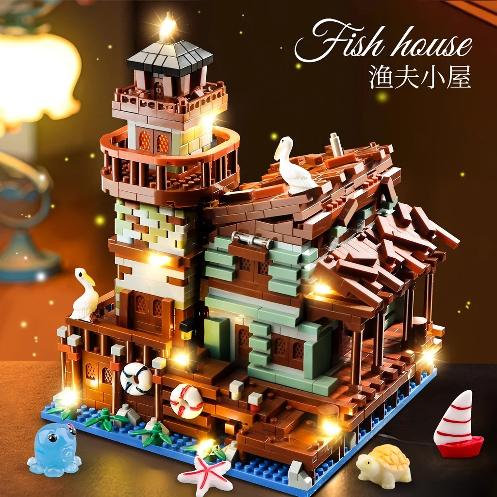 Micro Building Blocks Fishing Village Cottage, Architectural Building Blocks City House Model Gift for Girls and Boys, Kids Toys