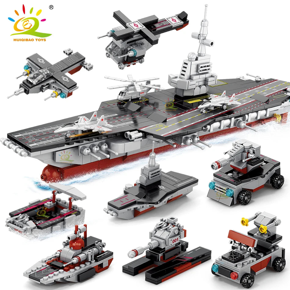 HUIQIBAO 562pcs 8in1 Military Ship Aircraft Cruiser Building Blocks Army Weapon Warship Truck Bricks City Toy for Children Gift
