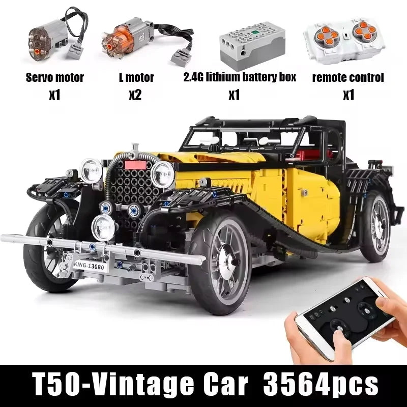 MOULD KING 13080D Technical Car Building Blocks T50 Vintage Car MOC-25153 Bricks Model Educational Toys For Kids Birthday Gifts