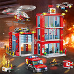 City Fire Station Ladder Truck Helicopter Car Rescue Boat Firefighter Figure Aircraft Model Moc Building Blocks Toy for Boy Gift
