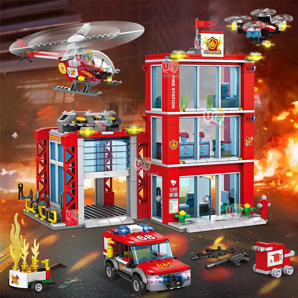 City Fire Station Ladder Truck Helicopter Car Rescue Boat Firefighter Figure Aircraft Model Moc Building Blocks Toy for Boy Gift