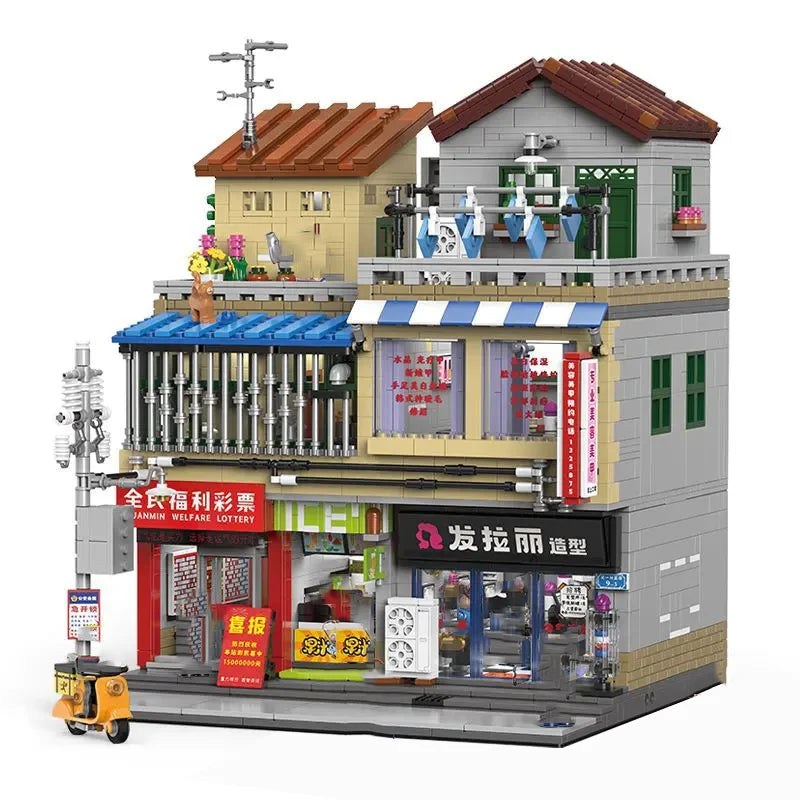 Chinese village hairdressers House Breakfast bar Buildings Sets,City Apartment Store Model Modular Buildings Blocks Gift 3165PCS