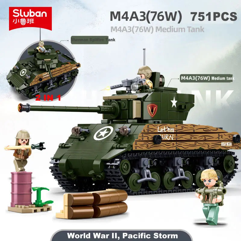 SLUBAN World War II 2 Military USA Abrams M1A2 Battle Tank Chariot Building Blocks Army Classic Accessories Model Kids Gift Toys