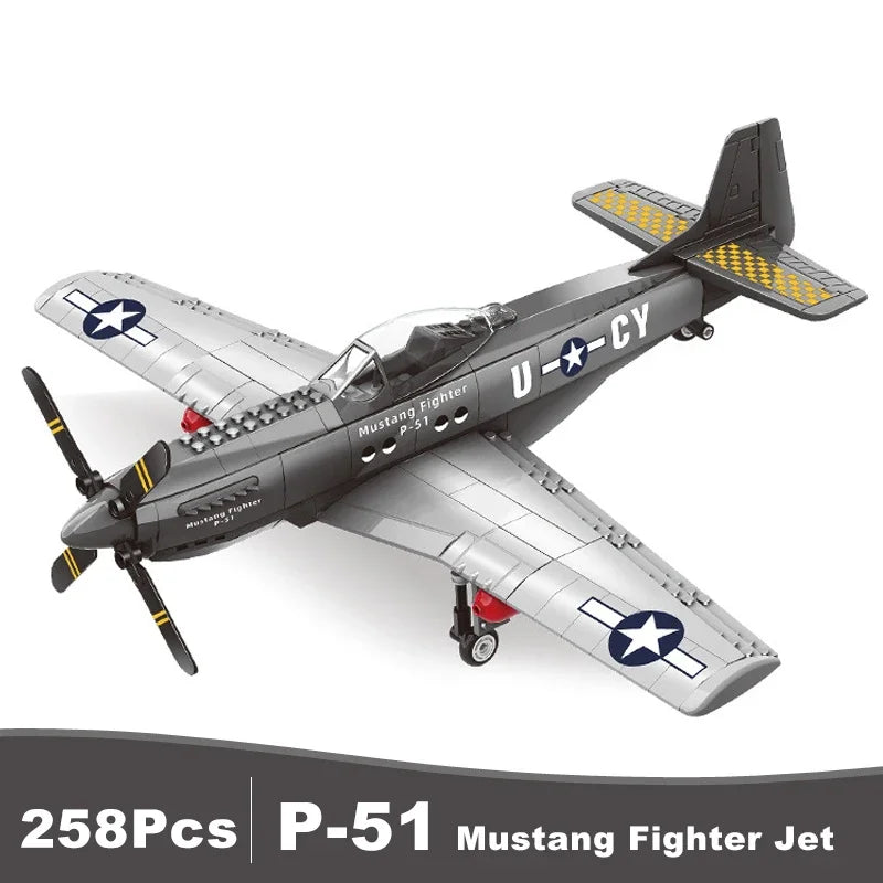 Military USA P-51 Mustang Fighter Jets Model Building Blocks Technical Aircraft Airplane MOC Weapons Bricks Toys for Adult Gifts