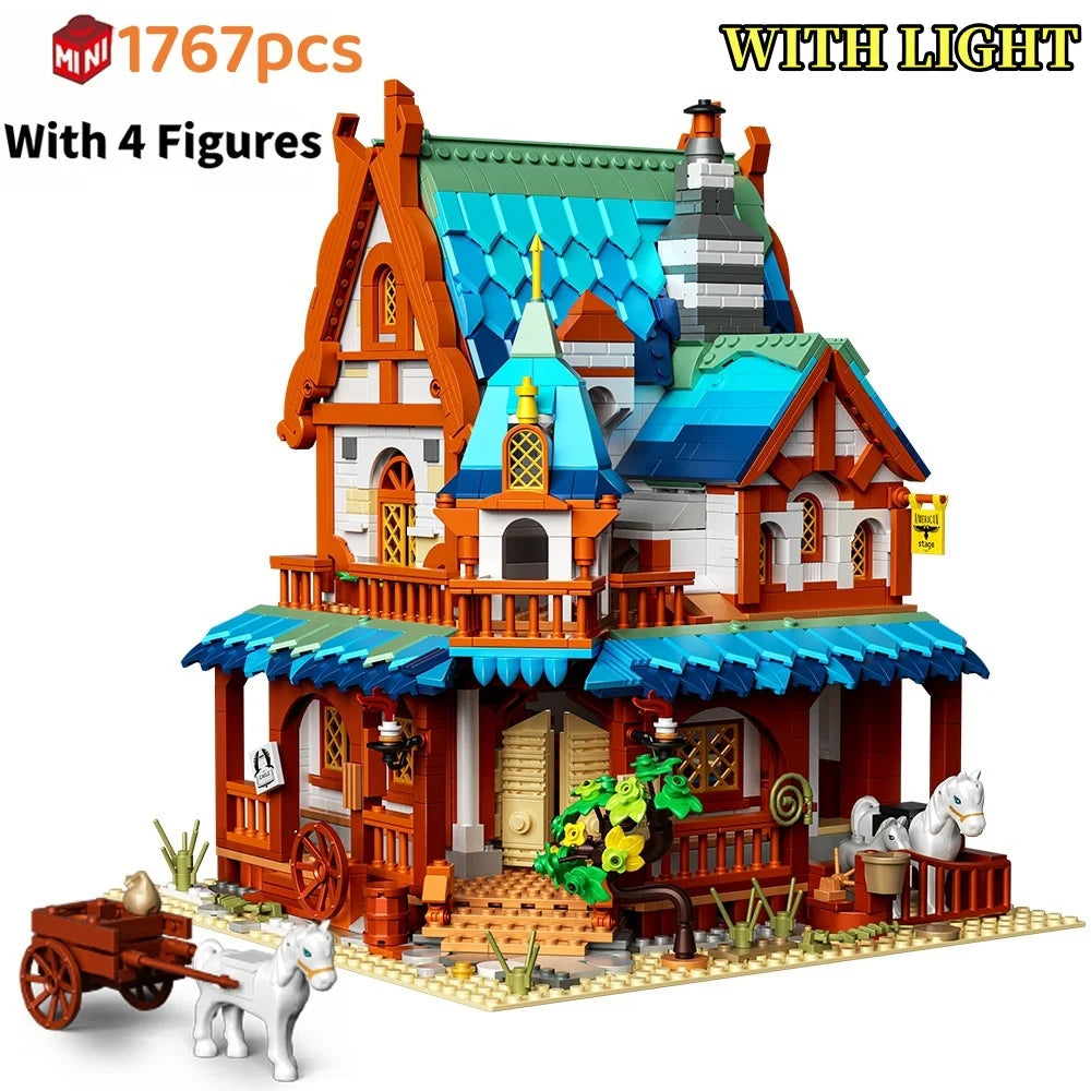 Medieval Post Station Castle Architectural Scenery Building Block Middle Ages Urban Street View Decor Micro Bricks Toys Kid Gift