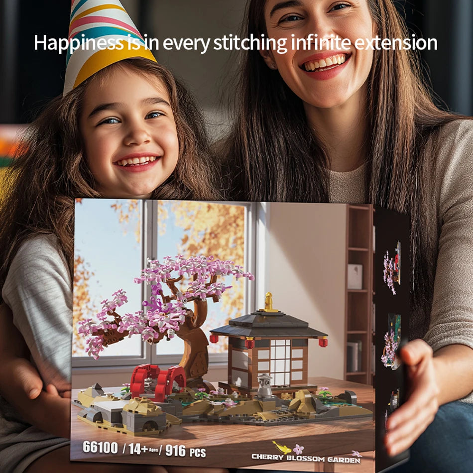 MOC Cherry Blossom Zen Garden Building Blocks Japan Architecture Sakura Tree House Street View Construction Bricks Toys Kid Gift