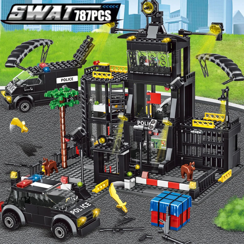 SWAT politistasjon militærby modellsett fengselsbil politimann båt figurer modell byggeklosser DIY-leketøy for barn gutter gave