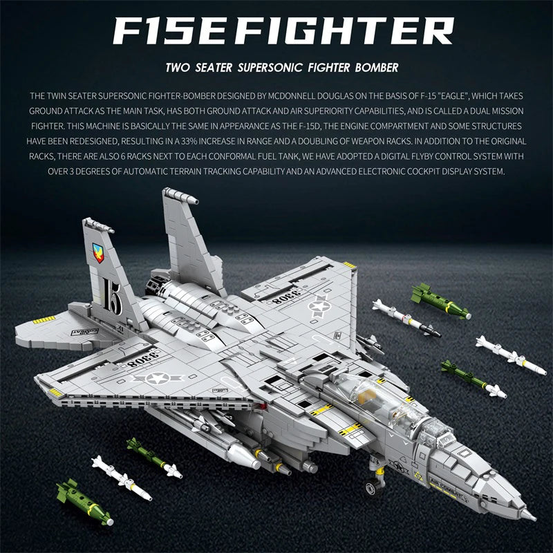 F-15E Strike Eagle Figure Building Set, Jet Fighter Military Collectible Toy, 2216 Pcs, Creative Gift for Adult Kid Boy Girl 14+