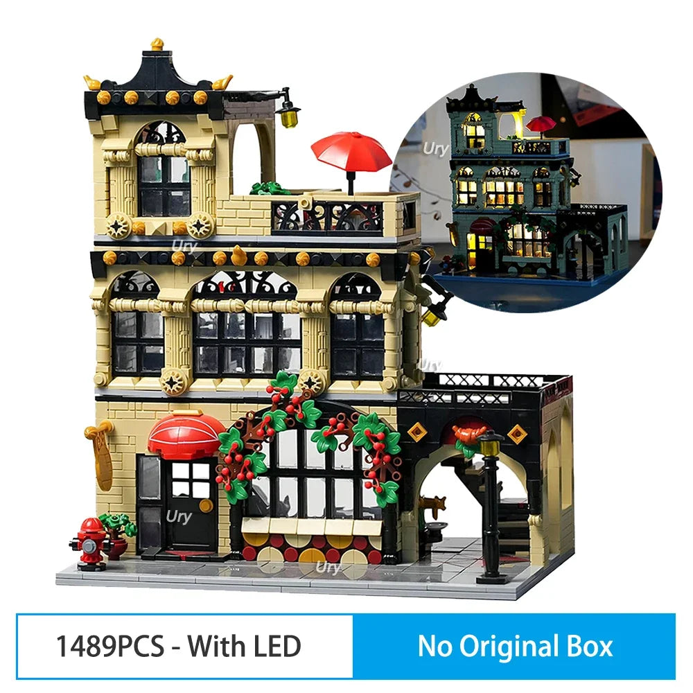 City Street View Modular Coffee Restaurant Retro Flower House with LED Light MOC Architecture Building Block Sets Toys for Kids