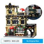 City Street View Modular Coffee Restaurant Retro Flower House with LED Light MOC Architecture Building Block Sets Toys for Kids