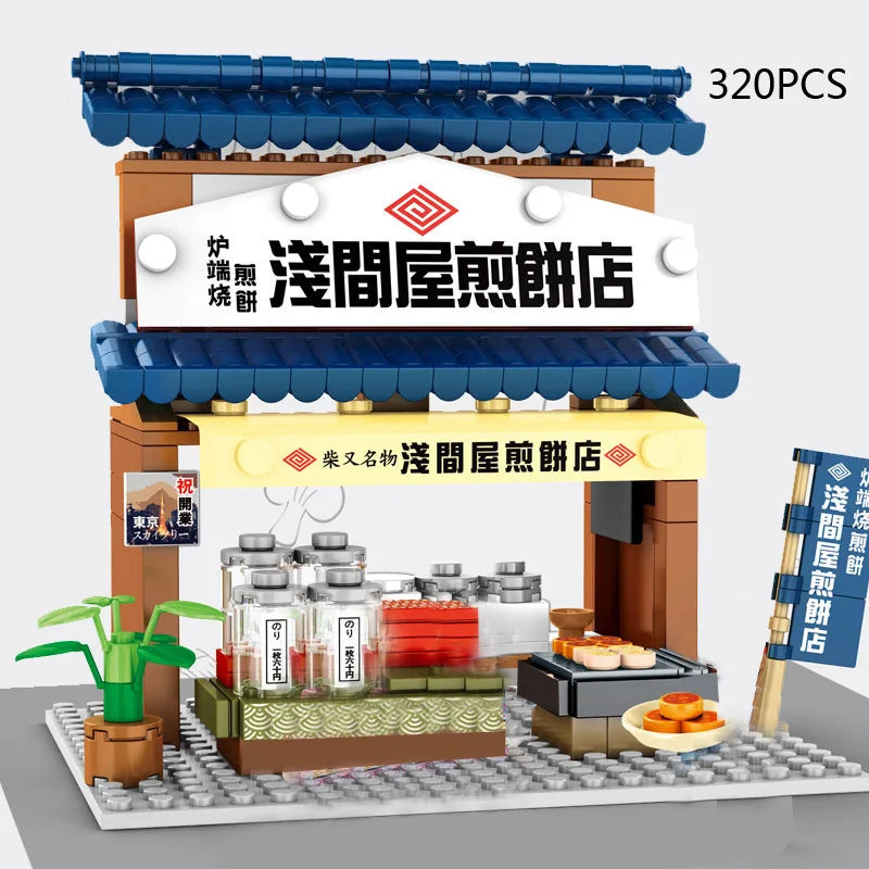 Vista della città giapponese costruisci blocchi Distilleria giapponese Carne di granchio Barbecue Negozio di pancake Casa da tè Negozio di polpette di polpo Mattoni giocattolo