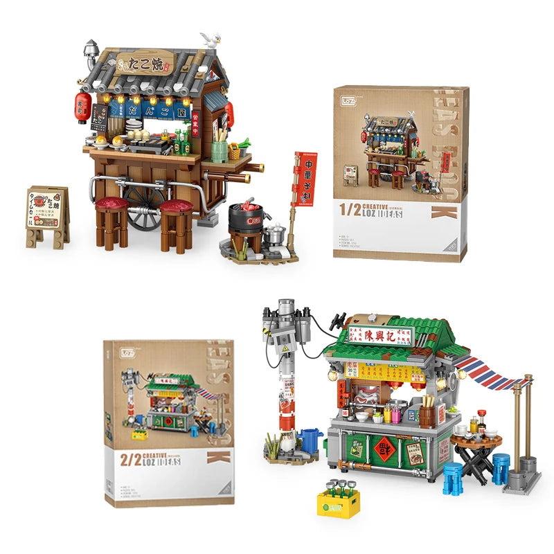 Mini Japanese Octopus Braised Chinese Restaurant Hong Kong Food Shop Street View Building Blocks Boys and Girls Children's Gift