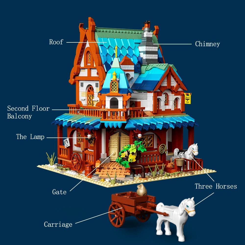 Château de la station de poste médiévale Décor architectural Brique de construction Moyen Âge Vue de rue urbaine Décor Micro briques Jouets Cadeau pour enfant
